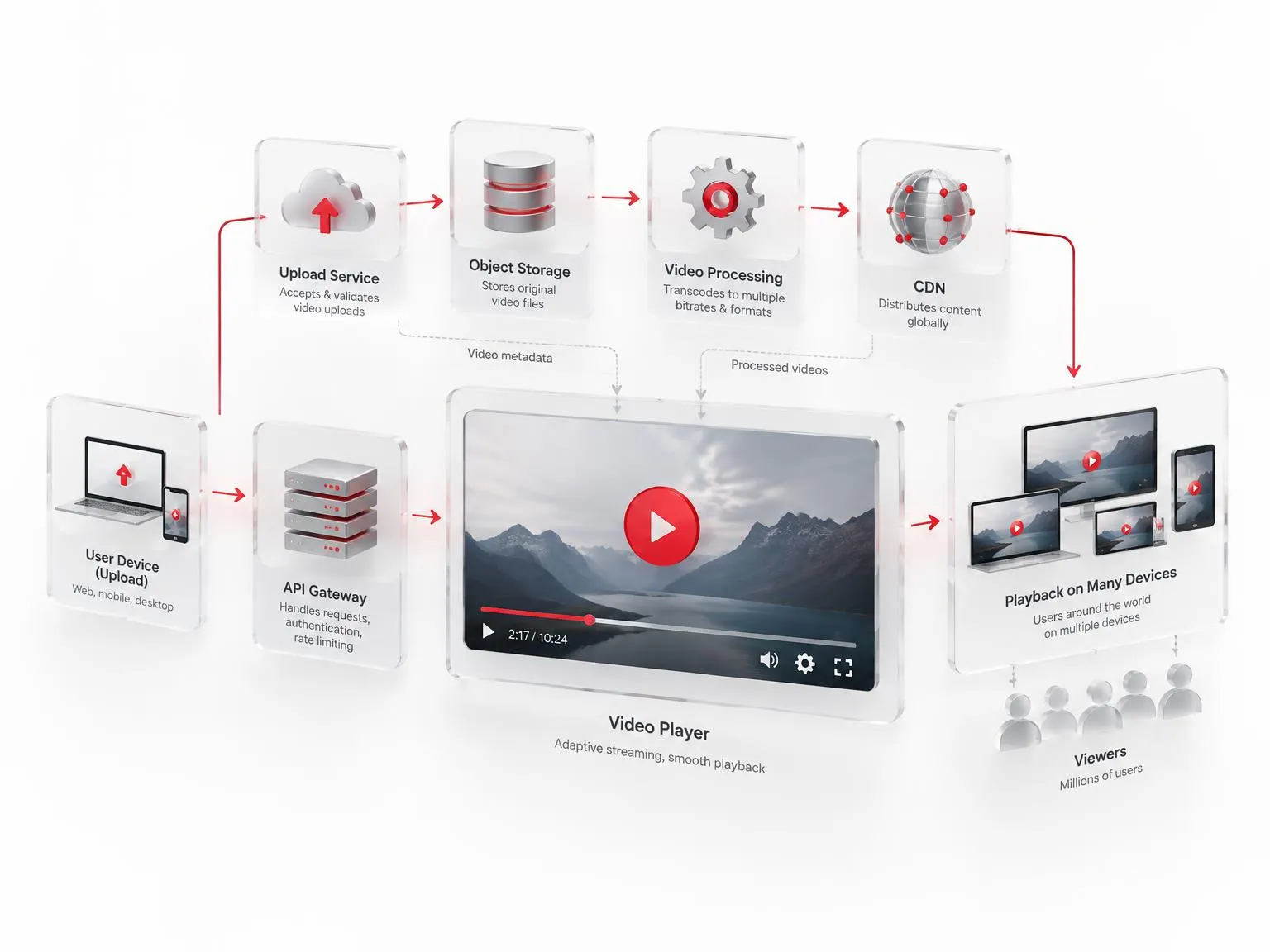 Holograma de arquitetura de uma plataforma de vídeos: usuário, API, upload, armazenamento, processamento, CDN e reprodução
